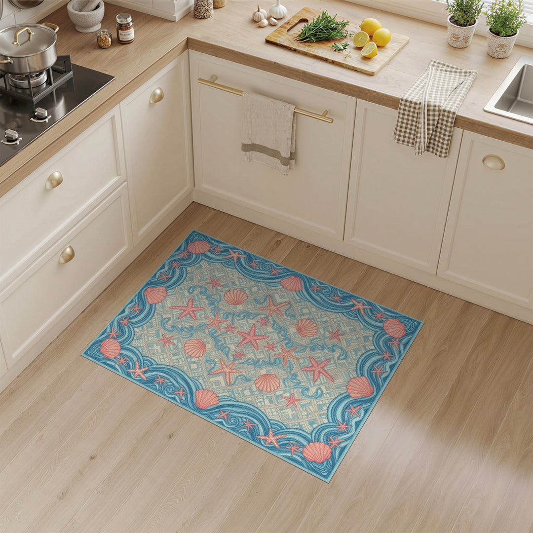 Coastal Blue Starfish Seashell Washable Area Rug