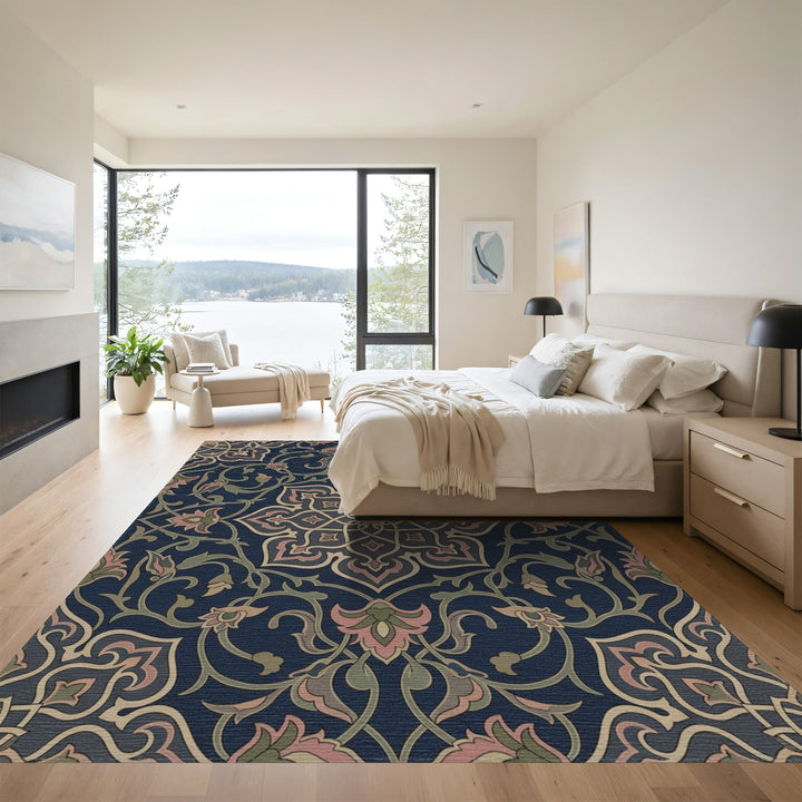 Deep Blue Floral Medallion Vines Rug
