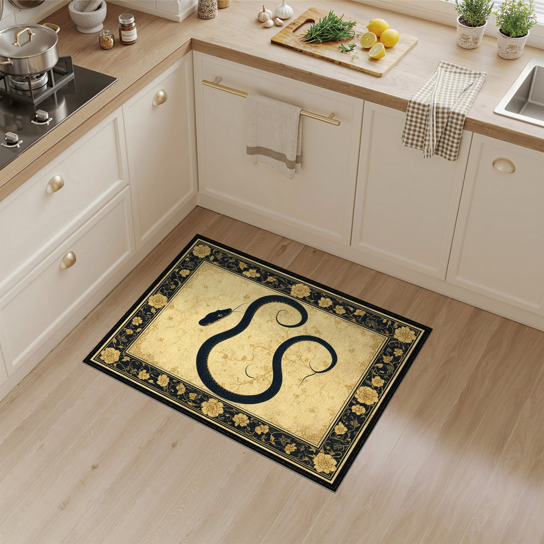 Black Serpent Beige Floral Vintage Area Rug