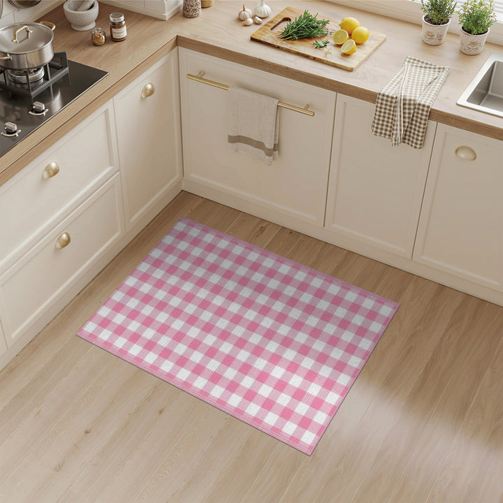 Rustic Farmhouse Pink Gingham Check Washable Area Rug