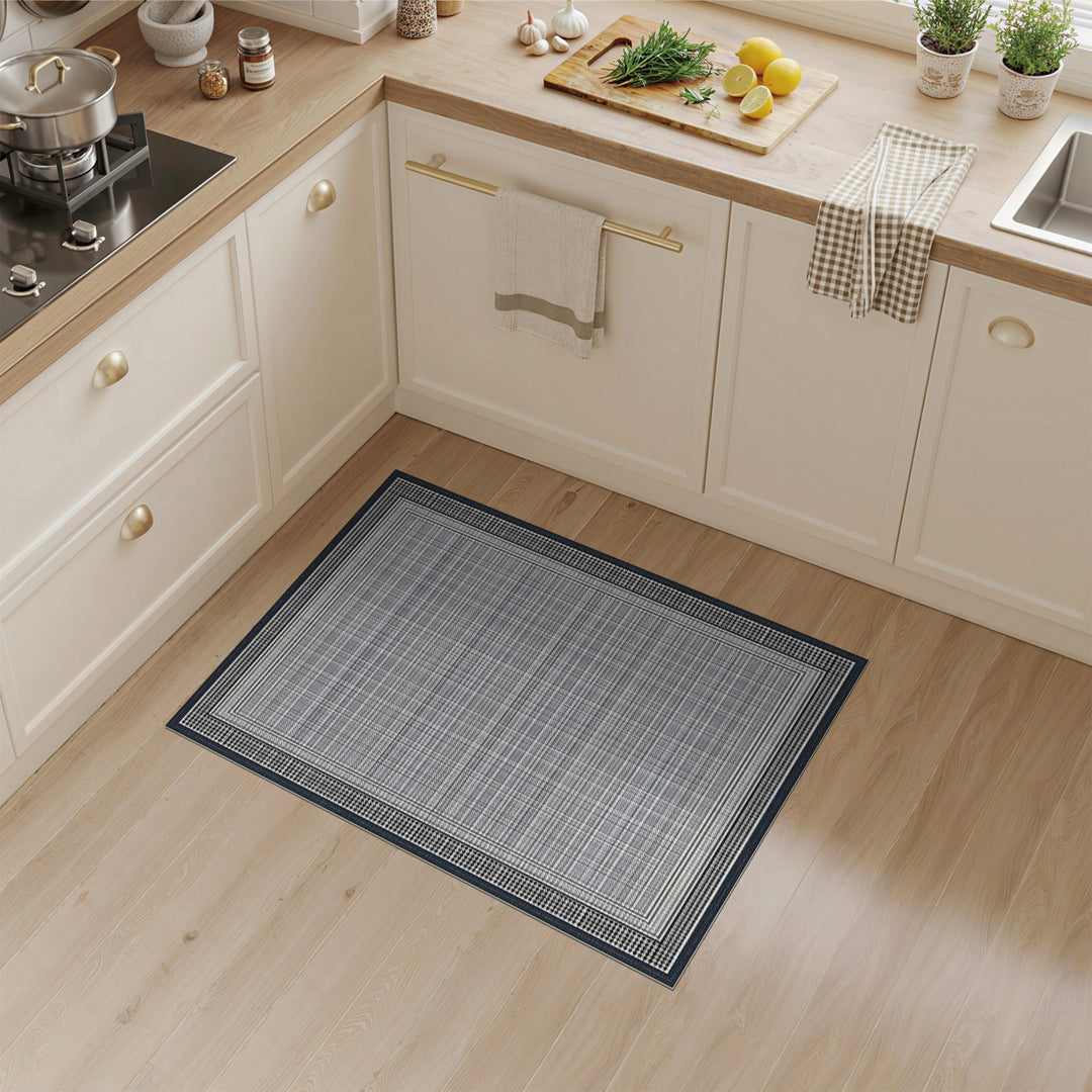 Black White Plaid Houndstooth Border Rug