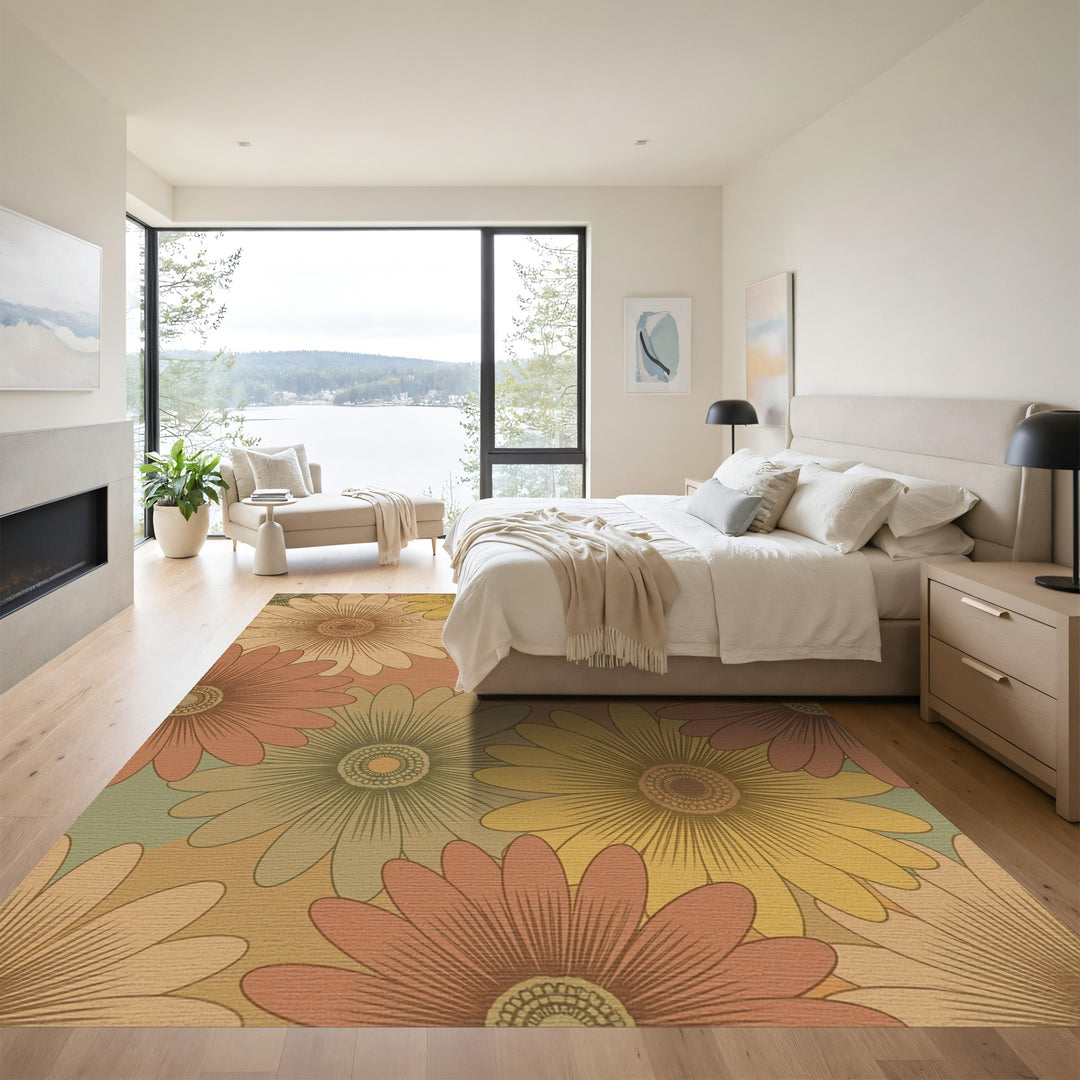 Retro Terracotta Daisy Floral Field Rug