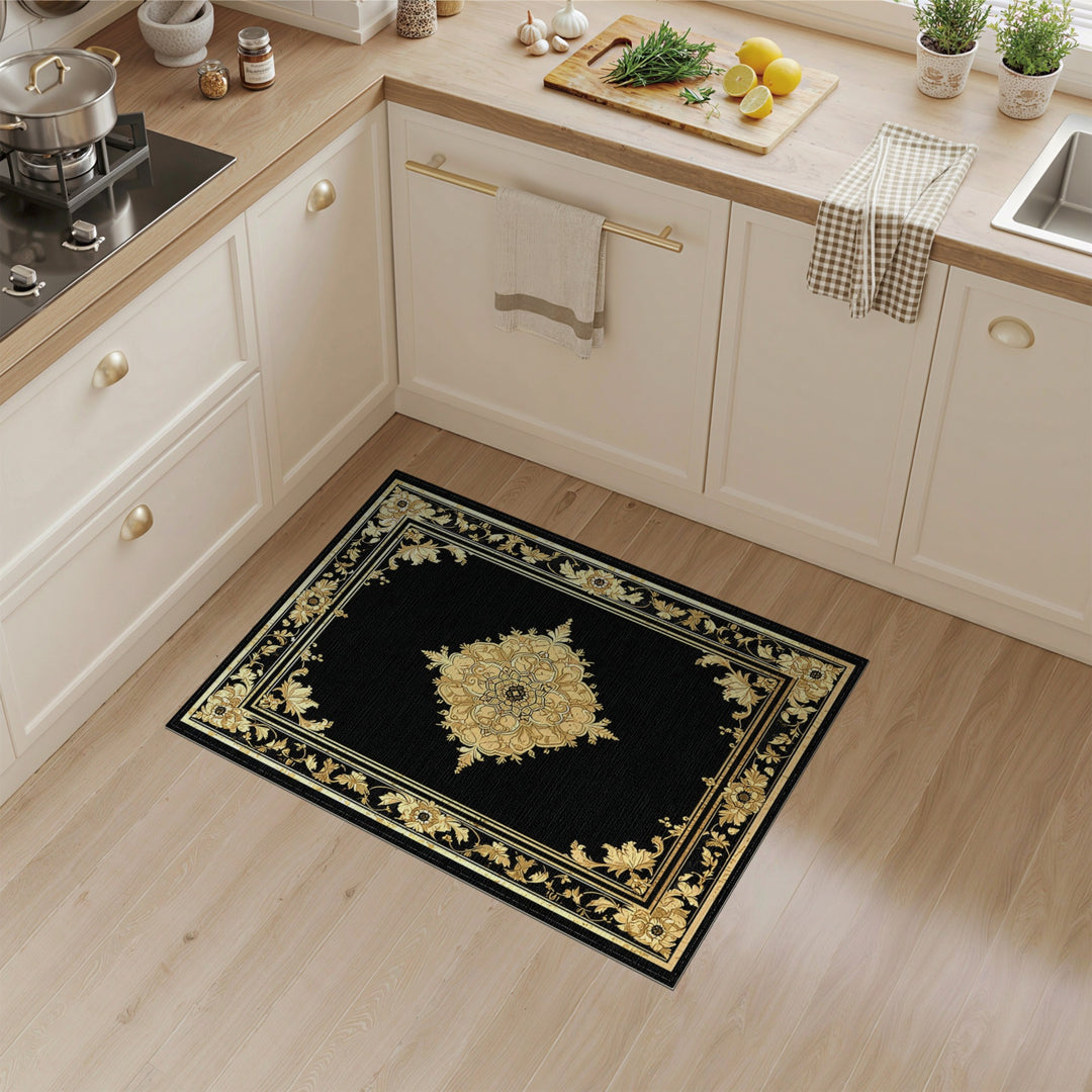 Gold Floral Medallion Black Area Rug