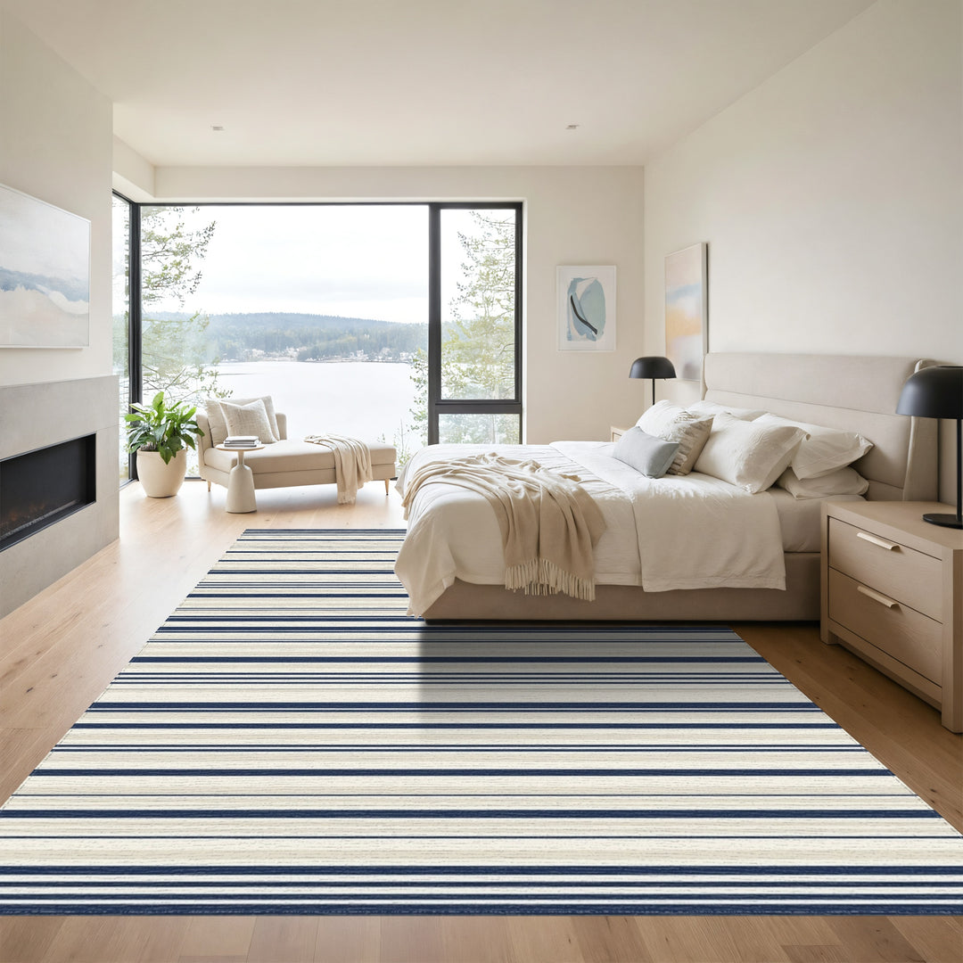 Navy Beige Thin Stripe Rug
