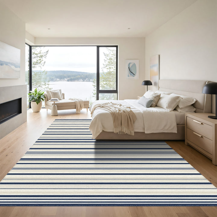 Navy Beige Thin Stripe Rug