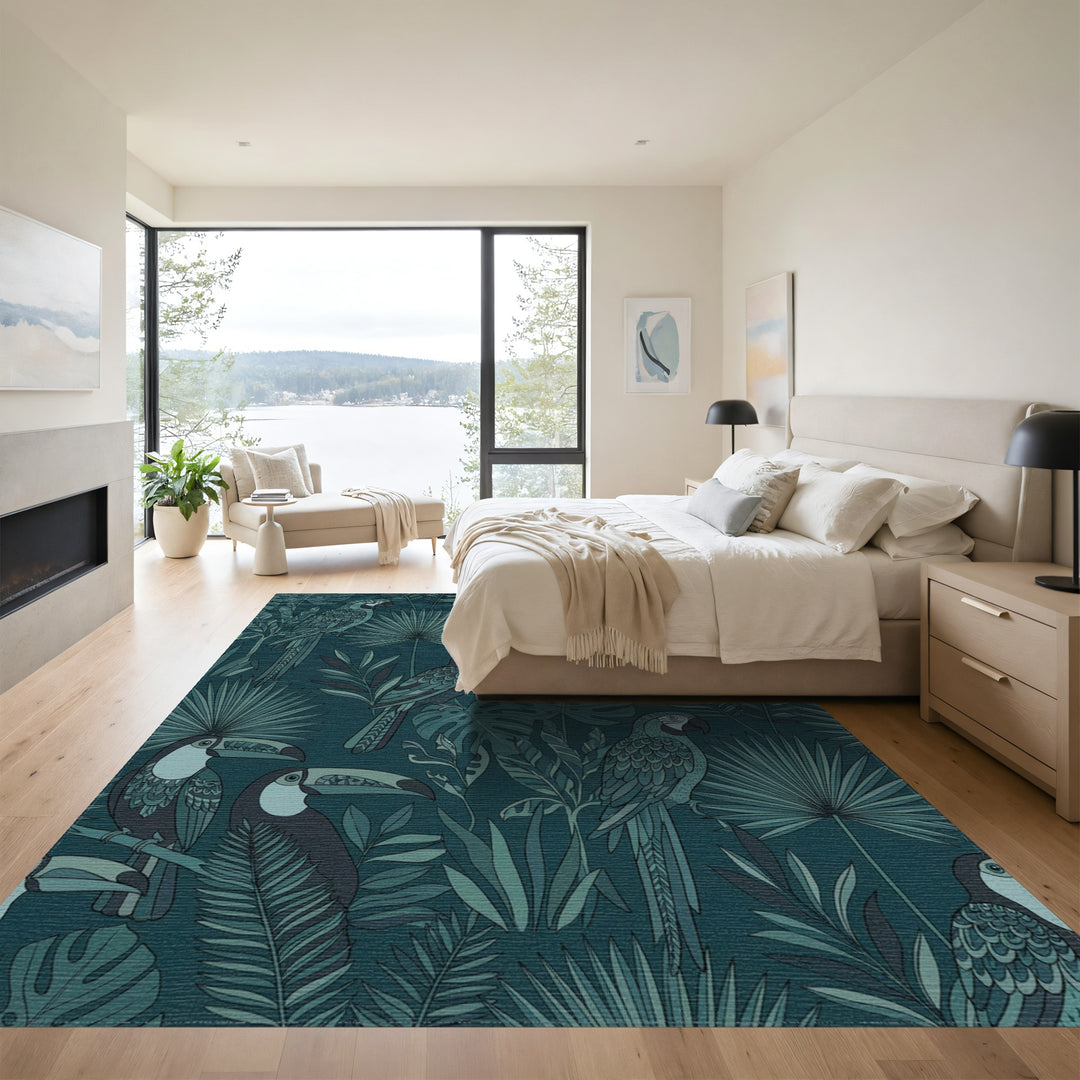 Deep Teal Tropical Bird Foliage Rug