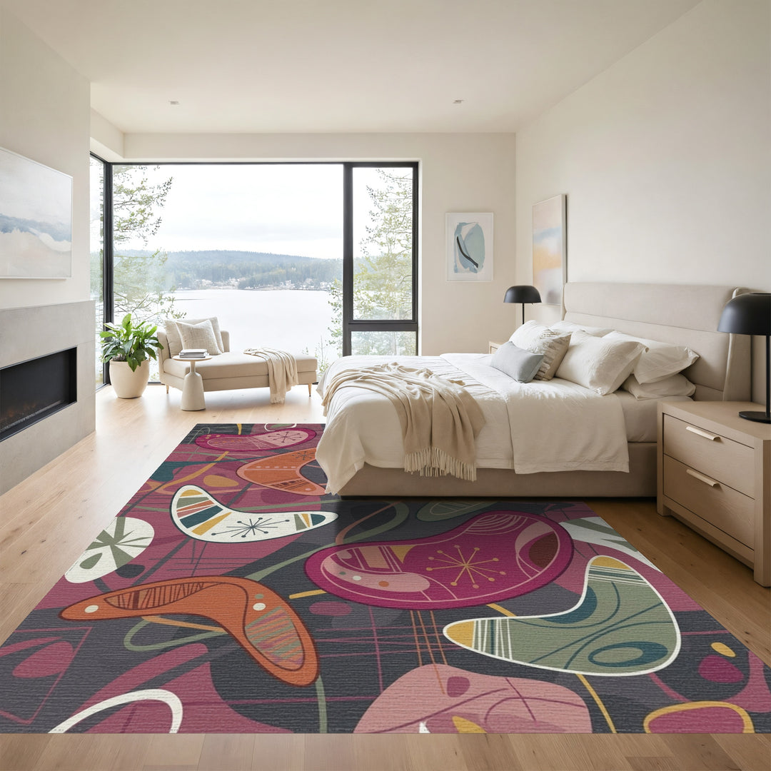 Retro Boomerang Shapes Red Green Yellow Rug