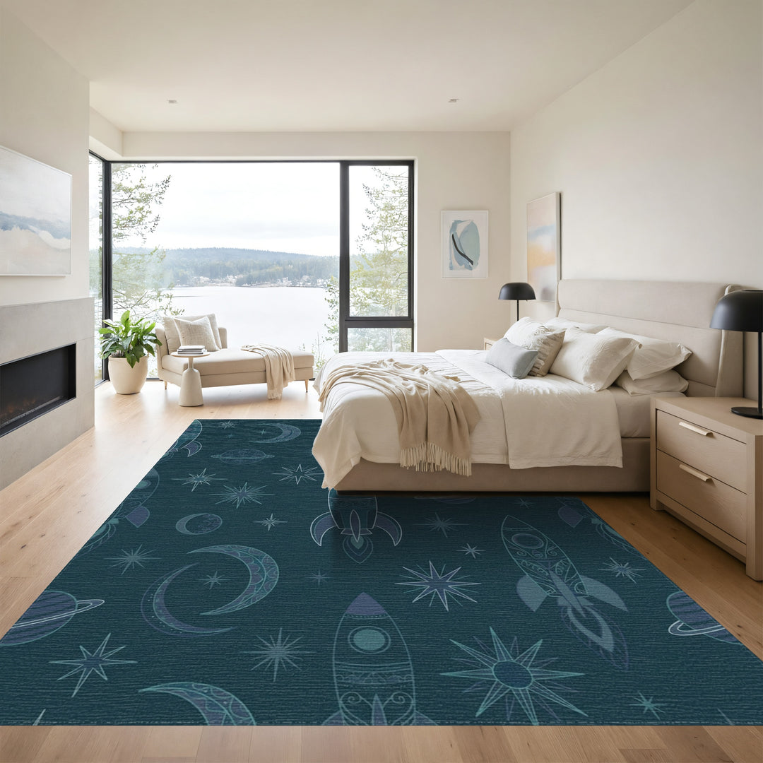 Teal Rocket Moon Starfield Theme Rug