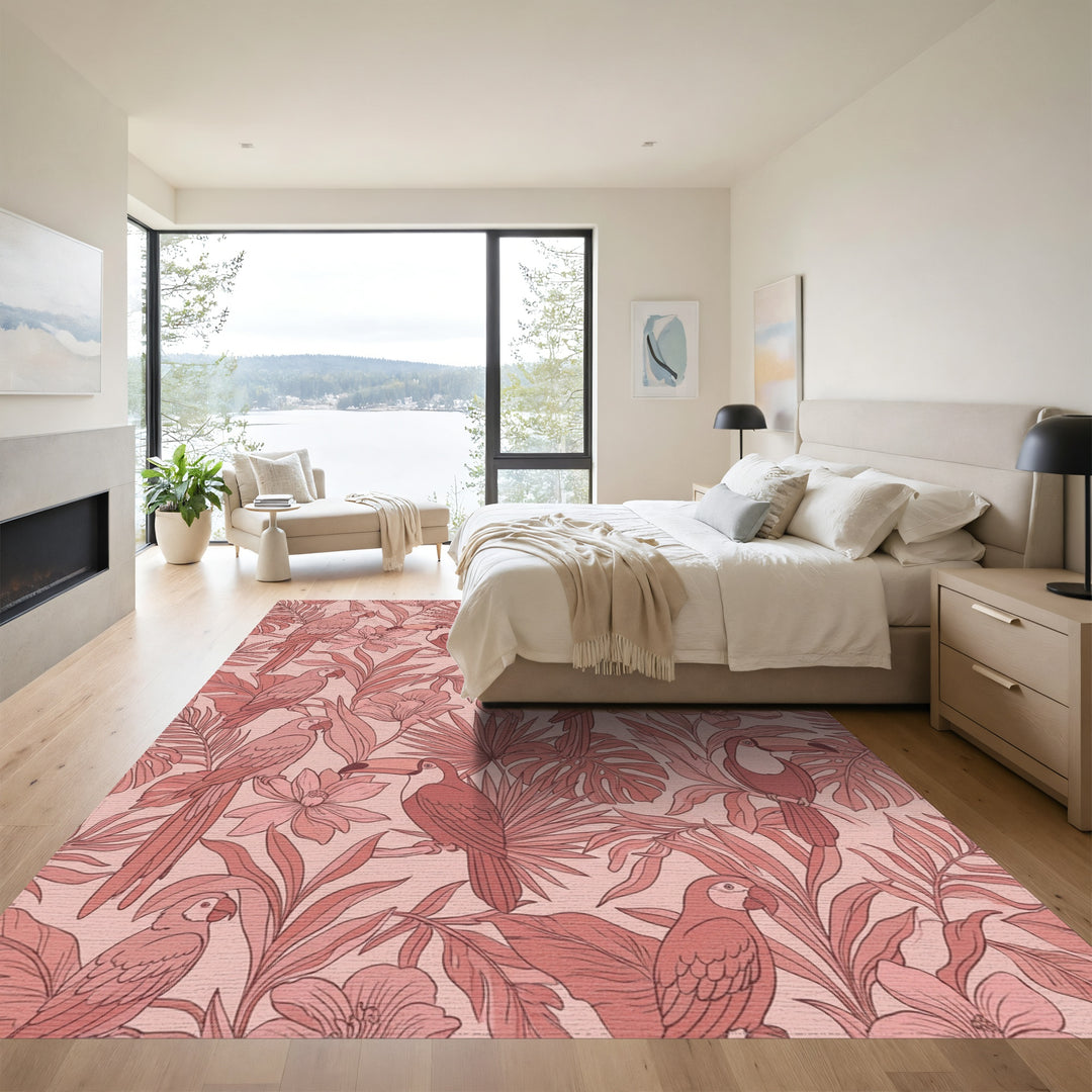 Coral Parrot Toucan Foliage Arrangement Rug