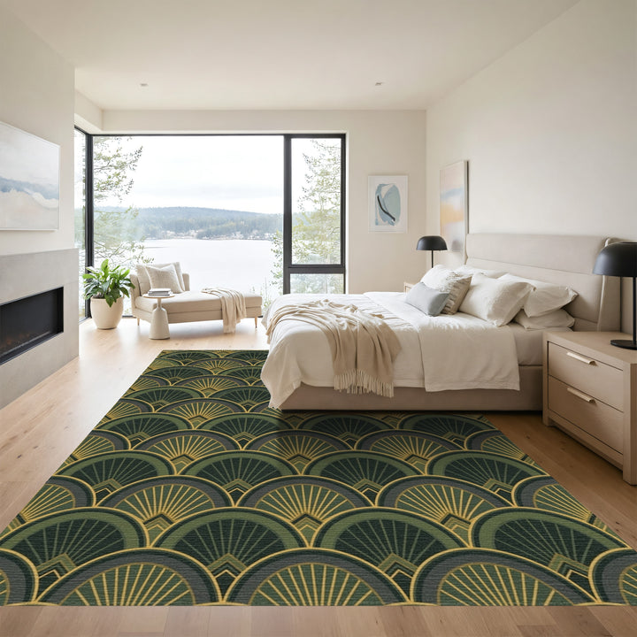 Art Deco Fan Motif Green and Gold Rug