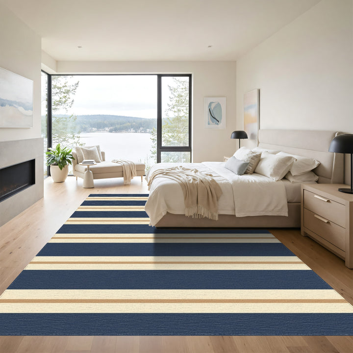 Classic Navy Cream Gold Stripe Rug