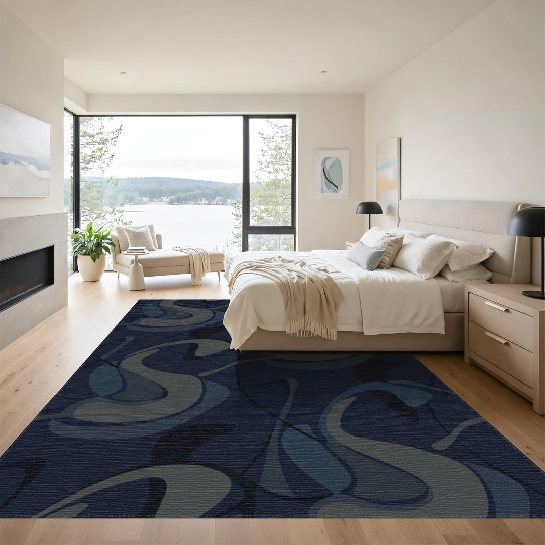 Modern Navy Swirl Abstract Rug