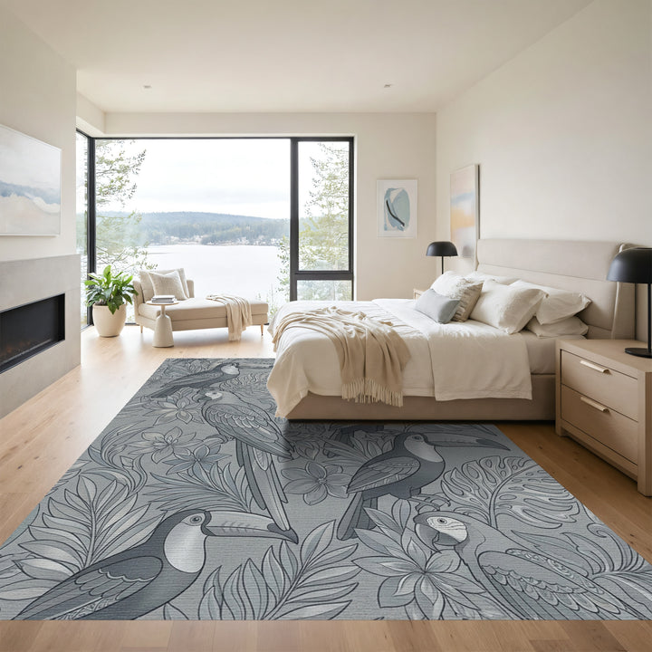 Charcoal Gray Tropical Birds Wallpaper Rug