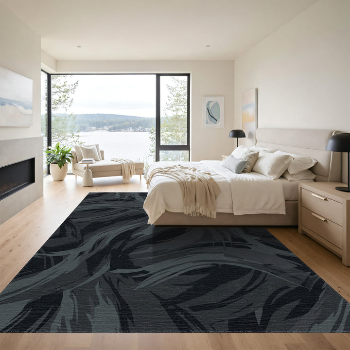 Dark Grayscale Abstract Brushstroke Waves Rug