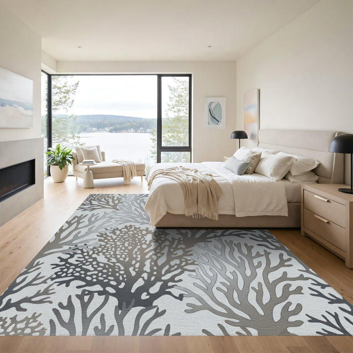 Cool Gray Coral Branch Motif Rug