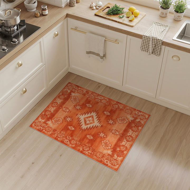 Orange Southwestern Area Rug with Floral Border