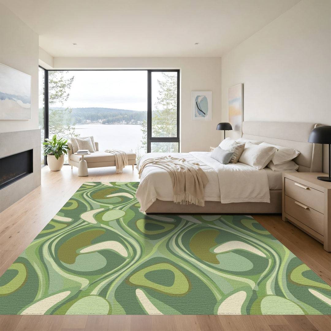 Retro Green Abstract Swirl Rug