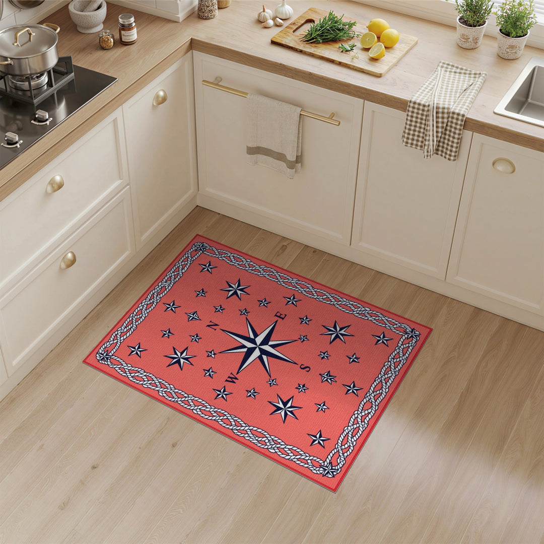 Red Nautical Compass Rope Border Area Rug