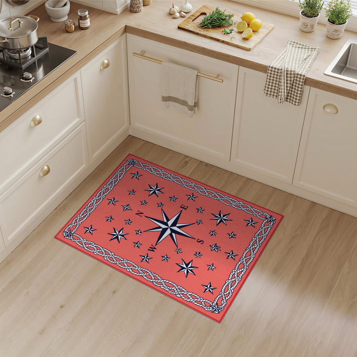Red Nautical Compass Rope Border Area Rug