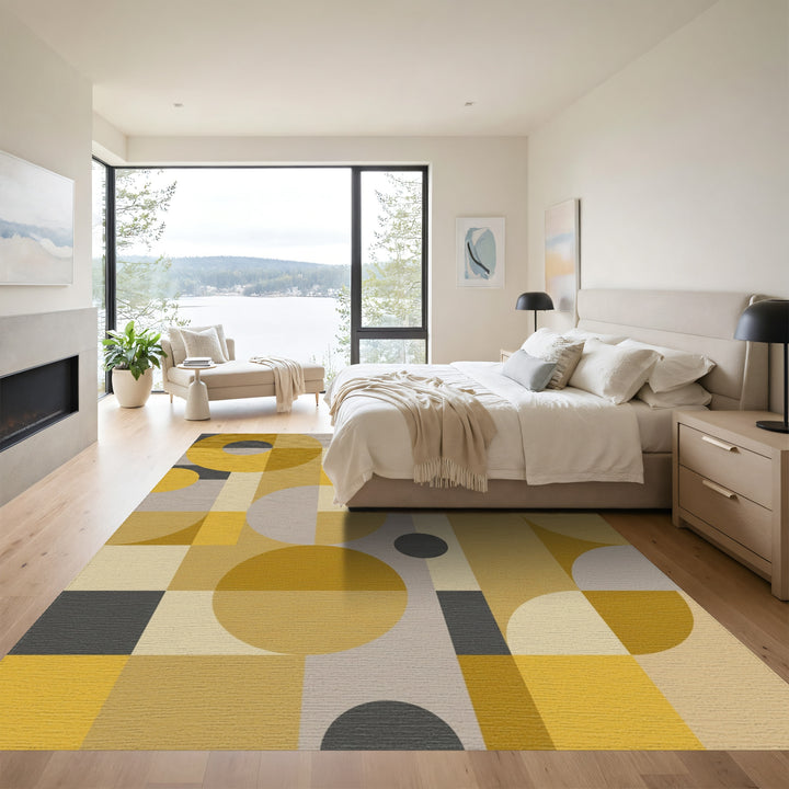 Mustard Yellow Geometric Circles Squares Rug