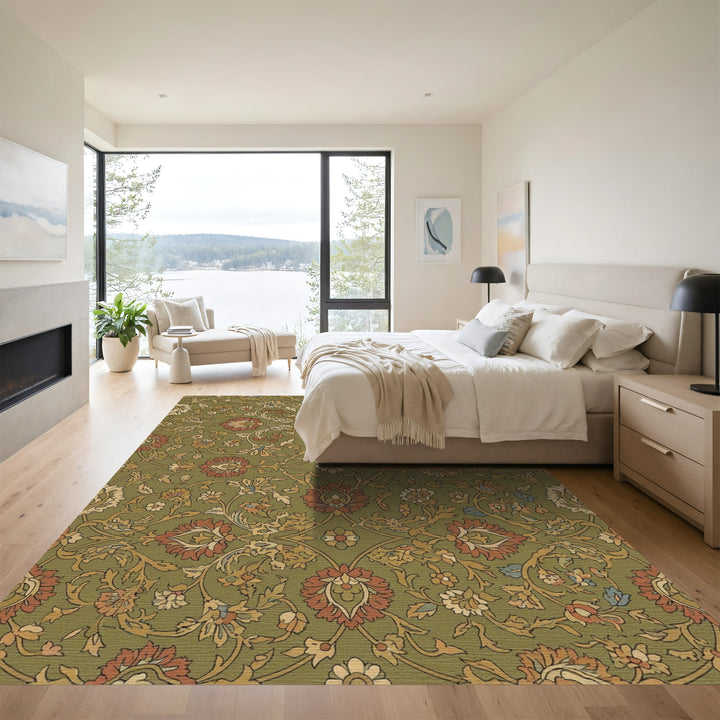 Traditional Olive Floral Lattice Rug