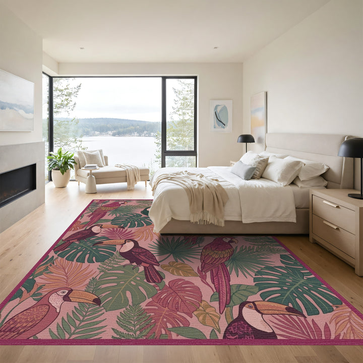 Tropical Toucans and Parrots Foliage Rug