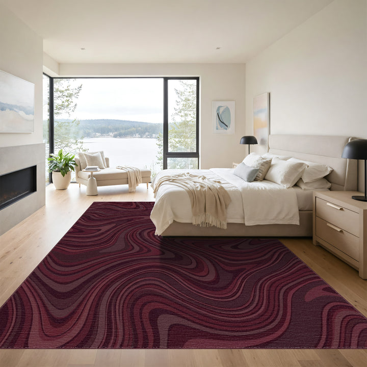 Deep Burgundy Swirl Abstract Lines Rug