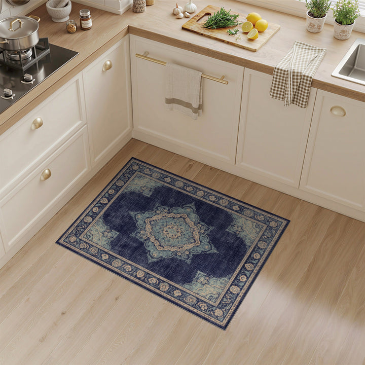 Blue Teal Distressed Vintage Medallion Rug