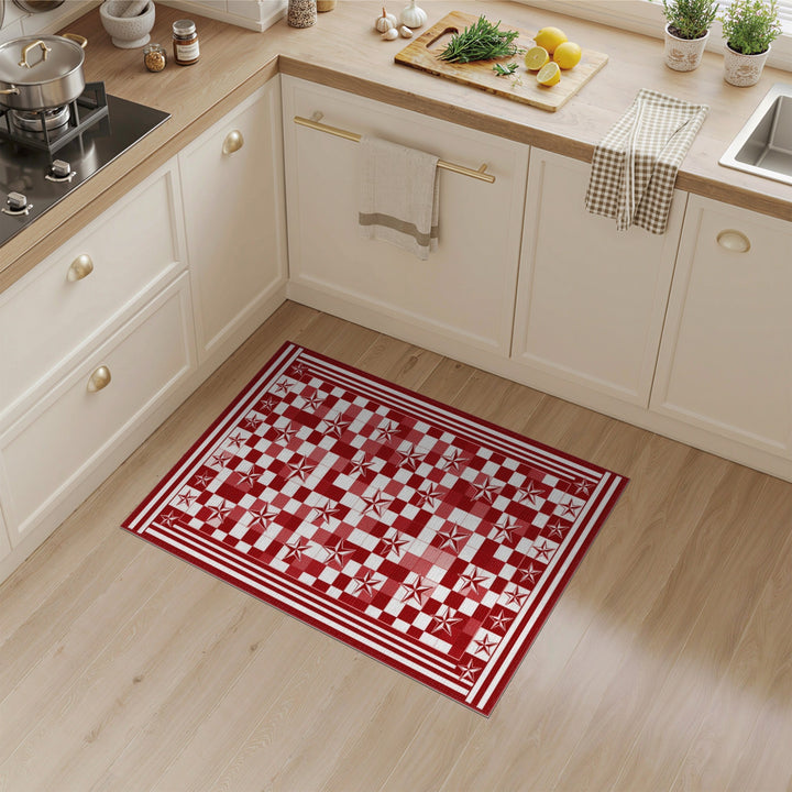 Red Checkered Star Washable Area Rug