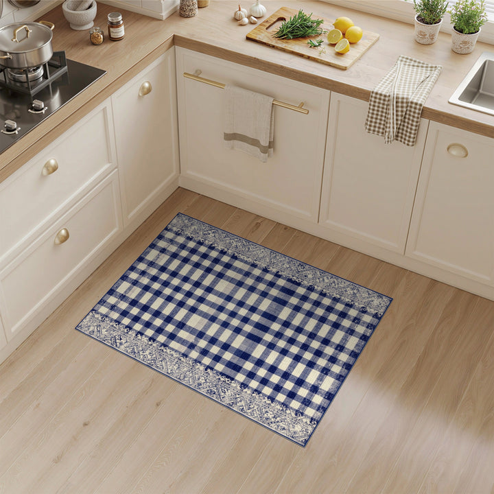 Navy Blue Checkered Vintage Area Rug