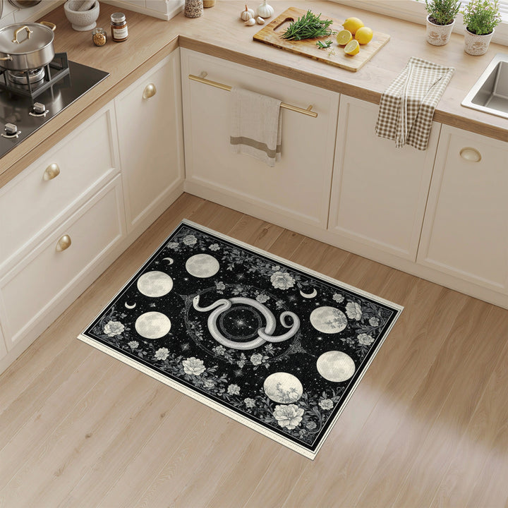 Black White Celestial Serpent Floral Rug