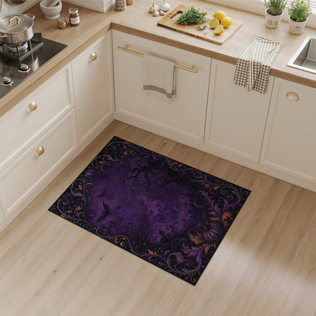 Purple Gothic Halloween Area Rug with Bats and Pumpkin