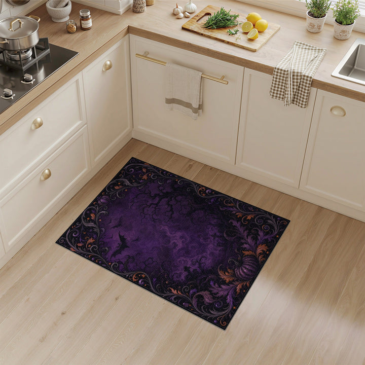 Purple Gothic Halloween Area Rug with Bats and Pumpkin