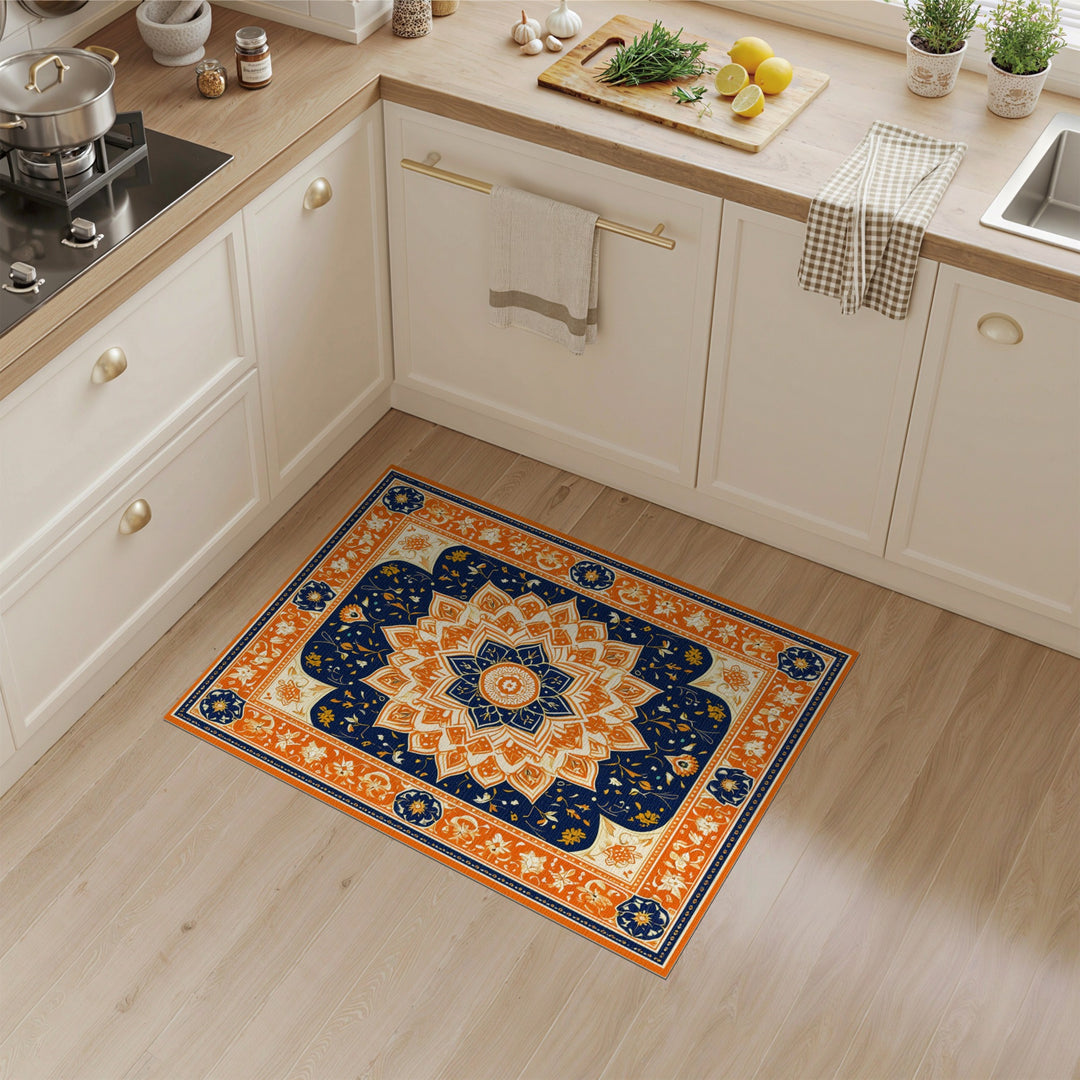 Orange Floral Mandala Navy Area Rug