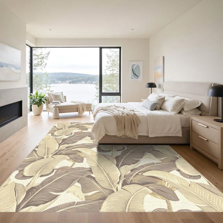 Palm Leaf Tropical Beige Brown Rug