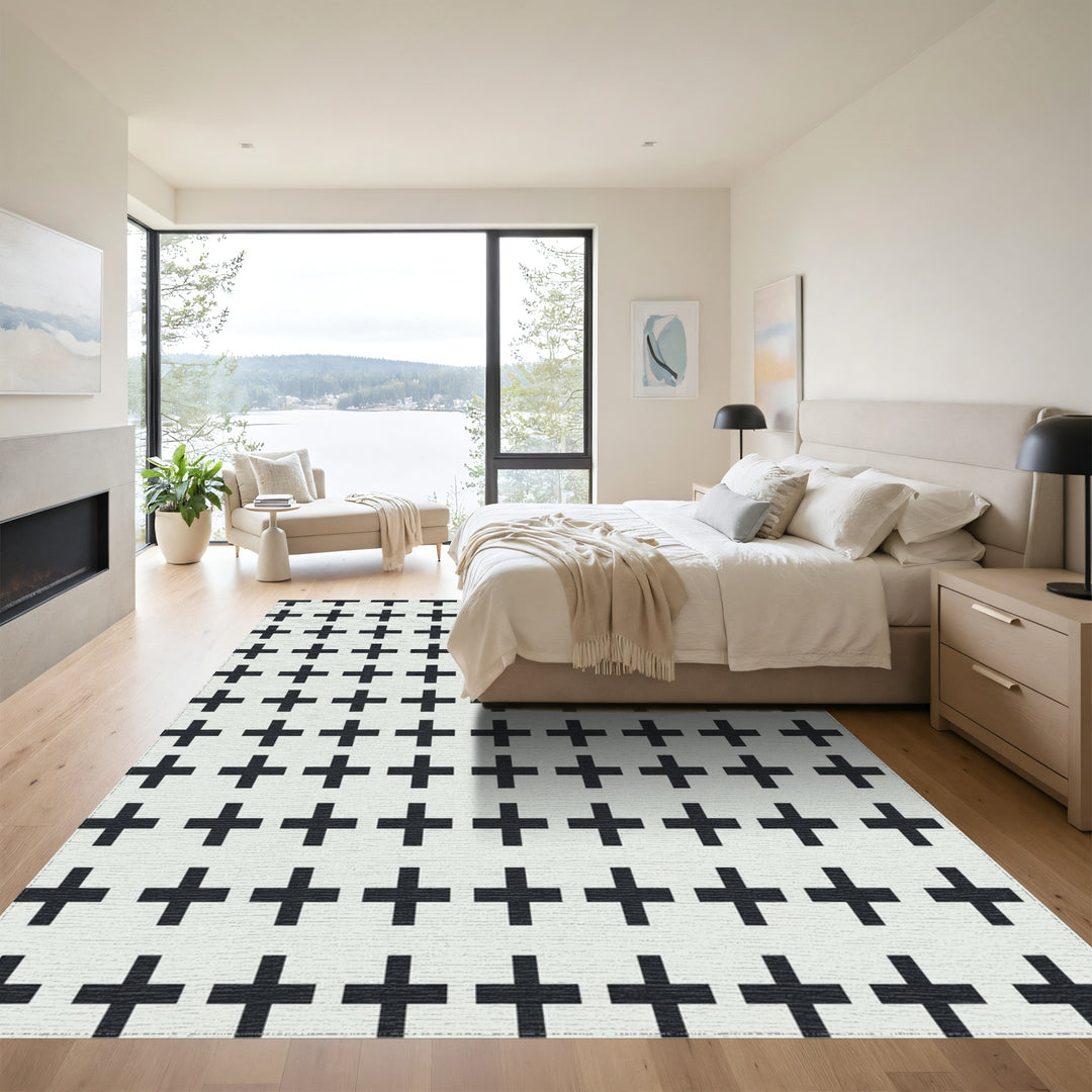 Minimalist Black Plus Sign Grid Rug