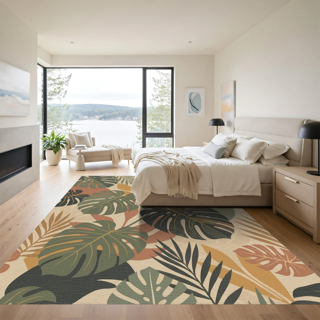 Earthy Monstera Leaf Tropical Collage Rug