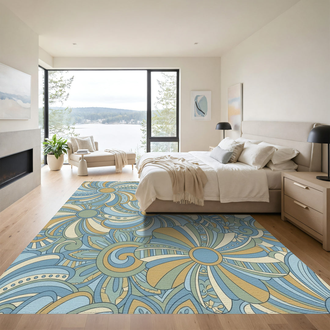 Earthy Blue Tan Floral Swirls Rug