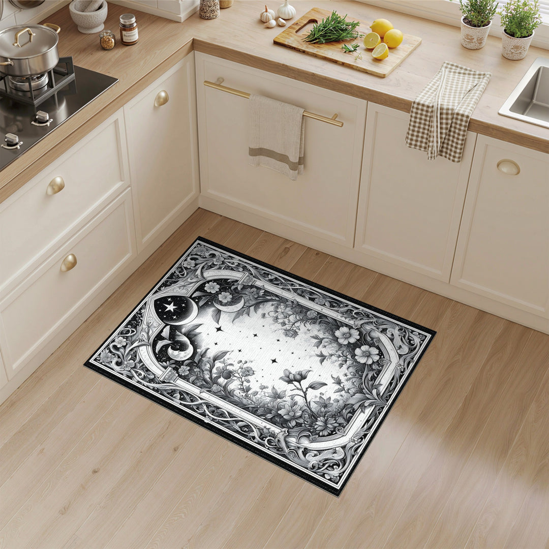 Black and White Celestial Floral Black White Area Rug