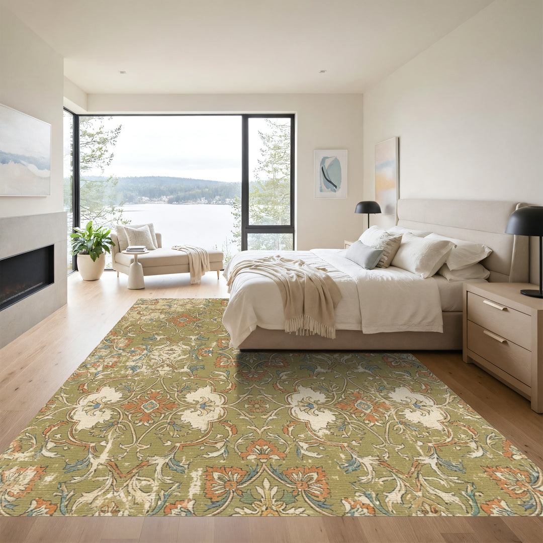 Olive Green Floral Medallion Rug