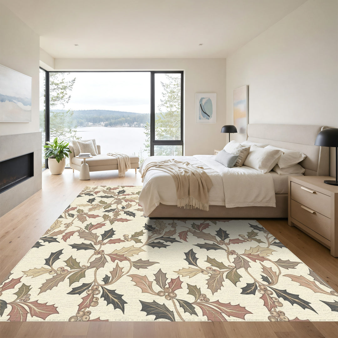 Rustic Holly Leaf Berry Branches Rug