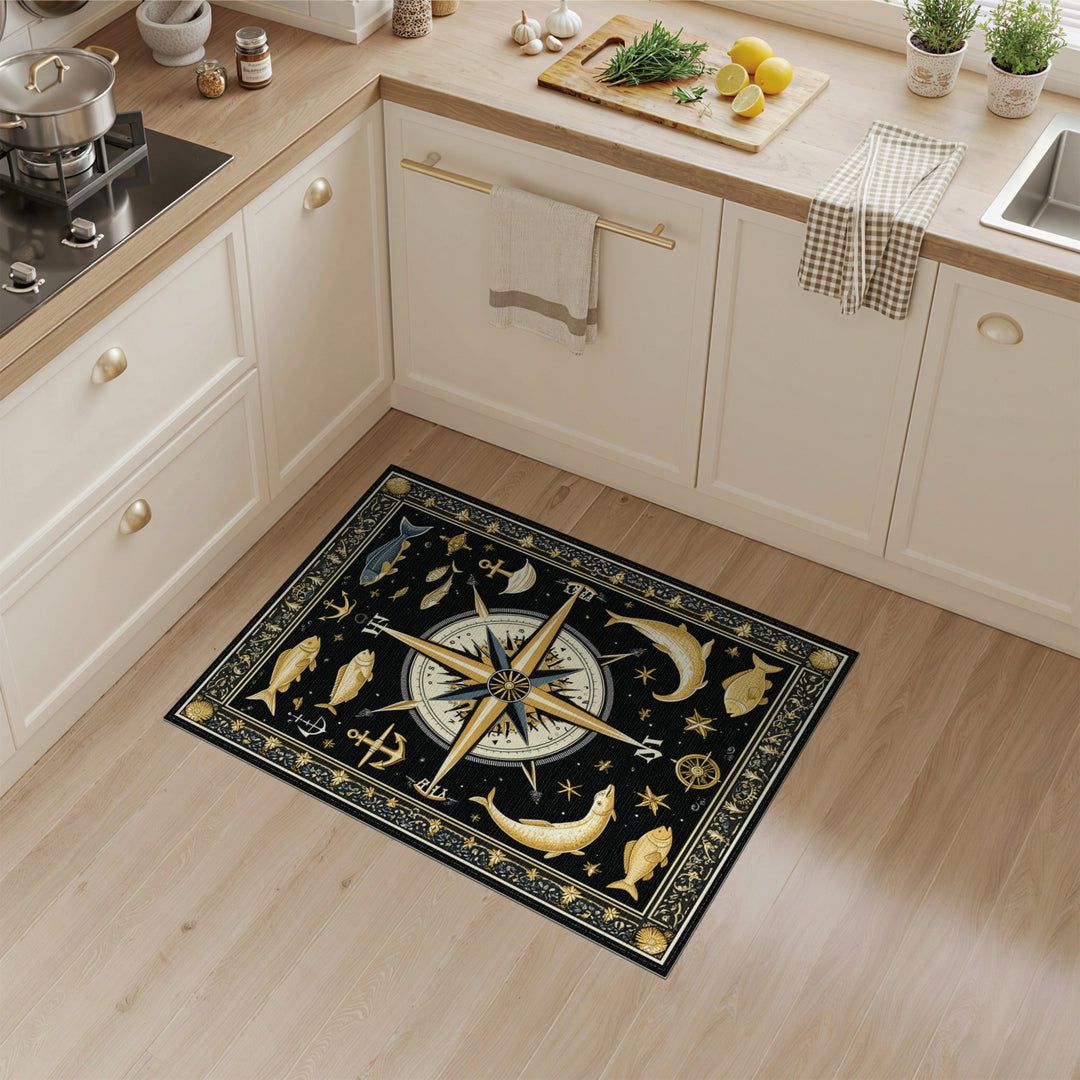 Nautical Gold Compass Area Rug
