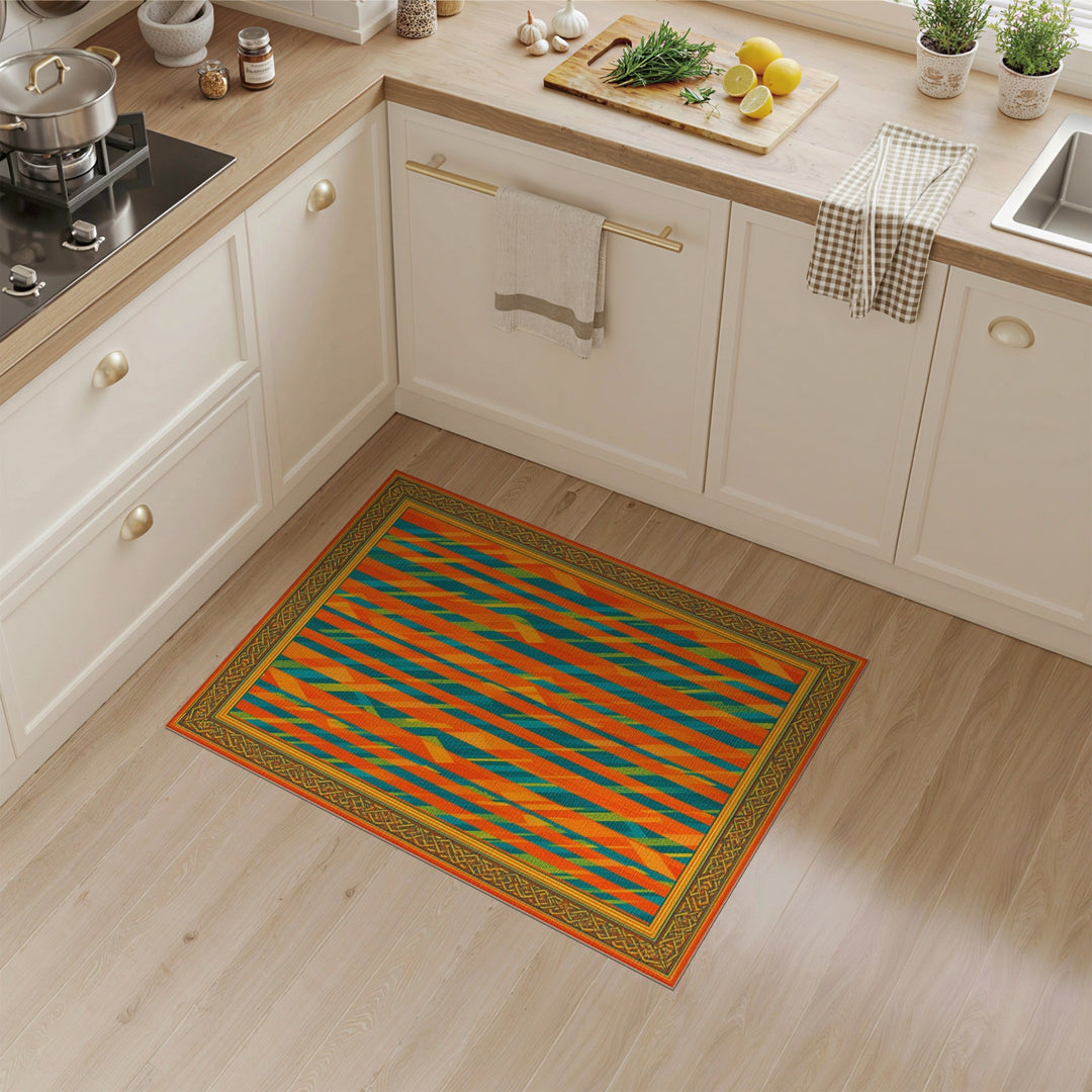 Bold Orange Teal Striped Geometric Area Rug