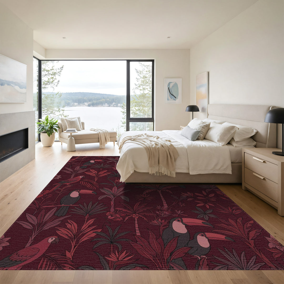 Deep Red Tropical Toucan Parrot Jungle Rug