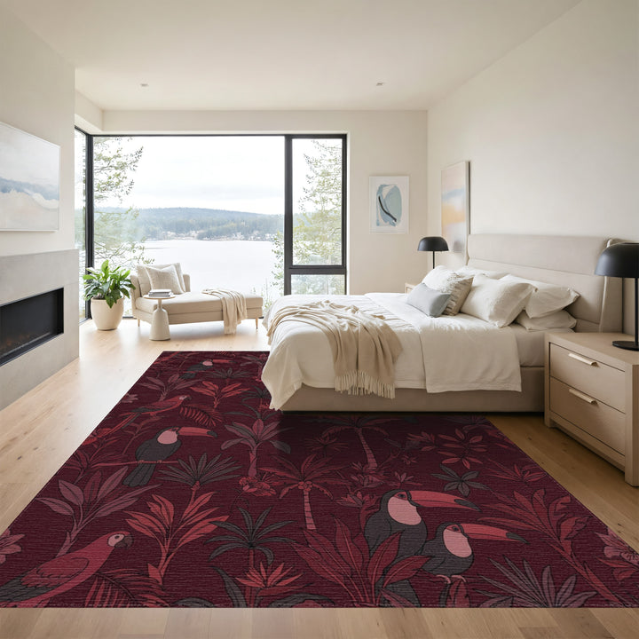 Deep Red Tropical Toucan Parrot Jungle Rug