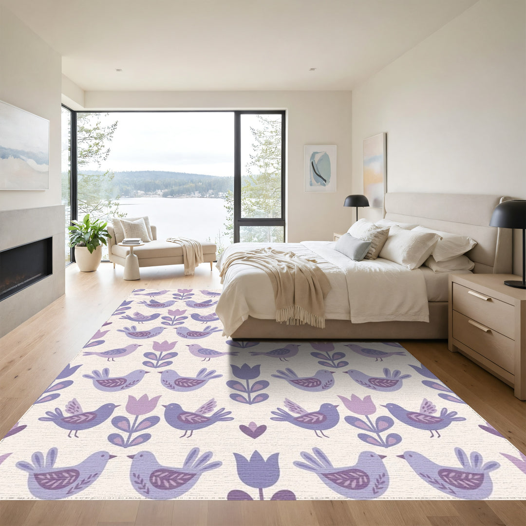 Whimsical Purple Bird Tulip Garden Rug
