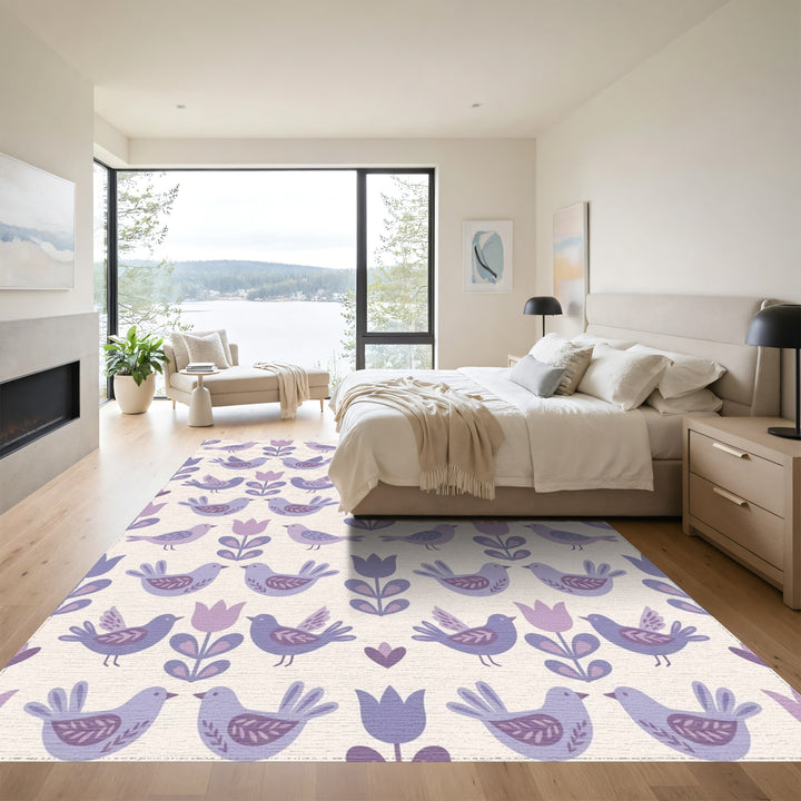 Whimsical Purple Bird Tulip Garden Rug