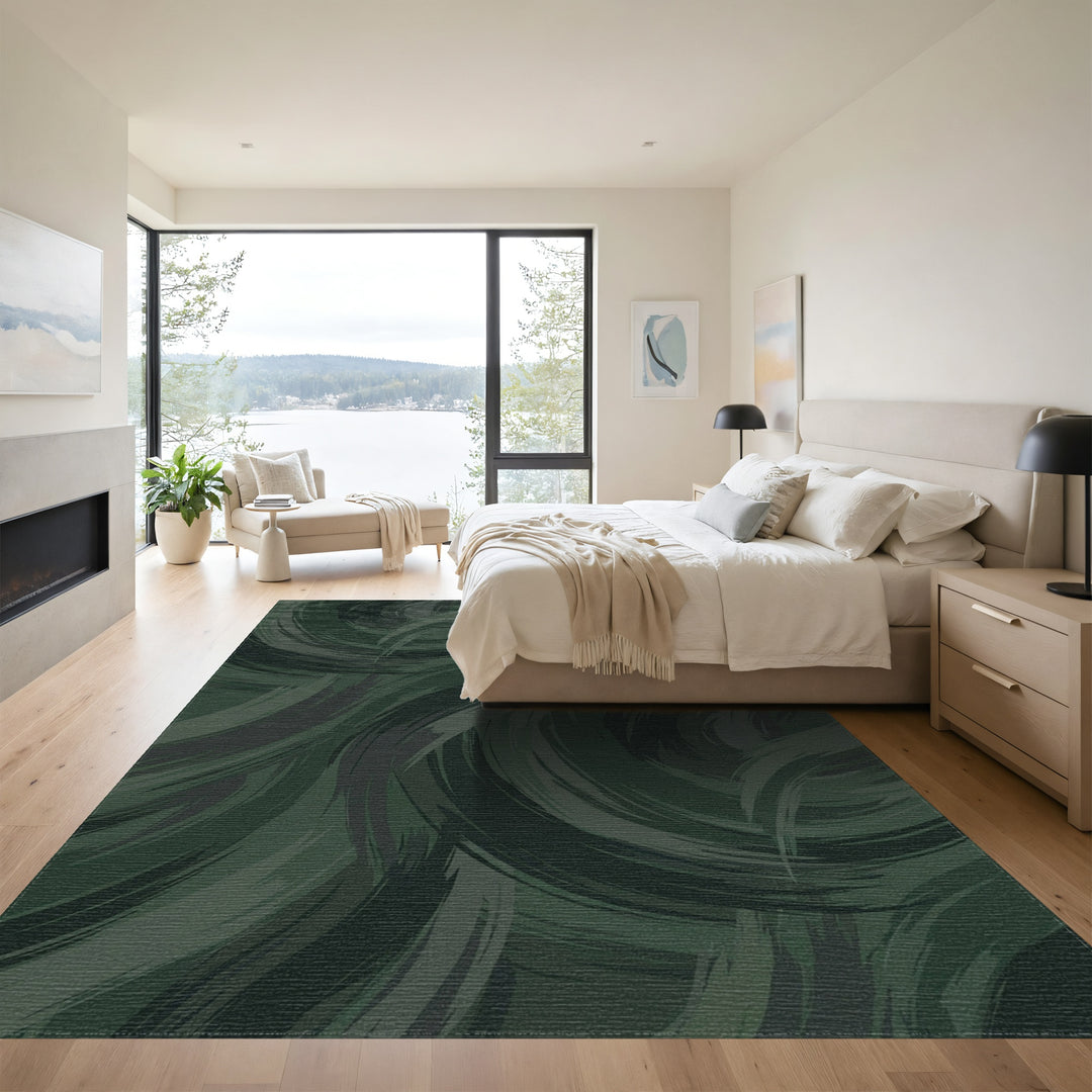 Deep Forest Green Brushstroke Swirls Rug
