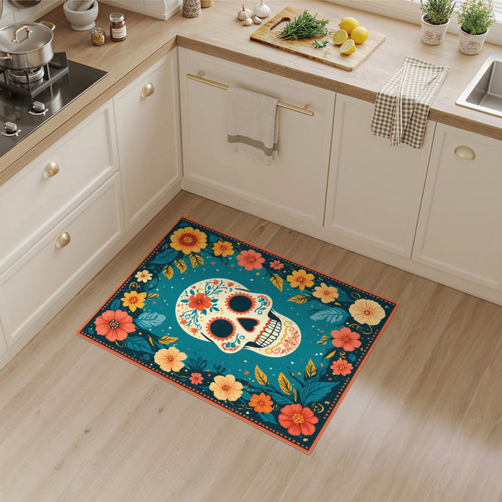 Vibrant Floral Skull Washable Area Rug