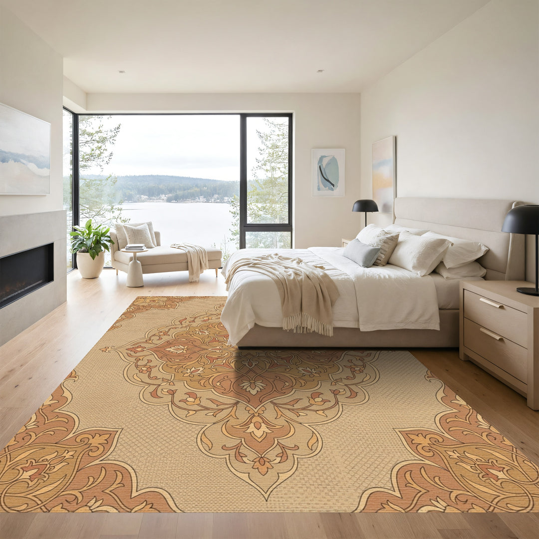 Terracotta Golden Floral Filigree Medallion Rug